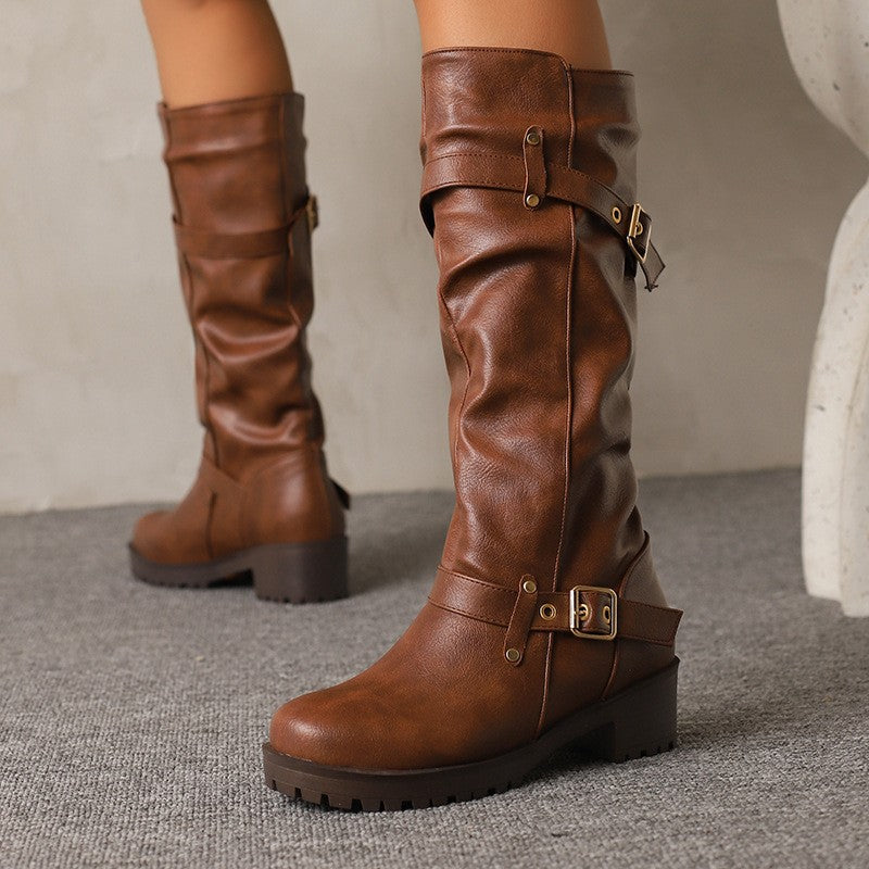 Distressed Faux Leather Buckle Moto Boots