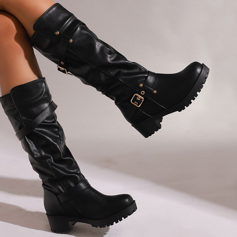 Distressed Faux Leather Buckle Moto Boots