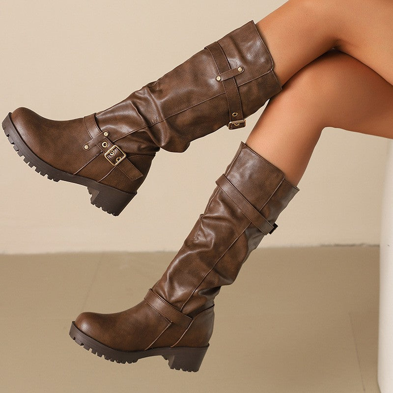 Distressed Faux Leather Buckle Moto Boots
