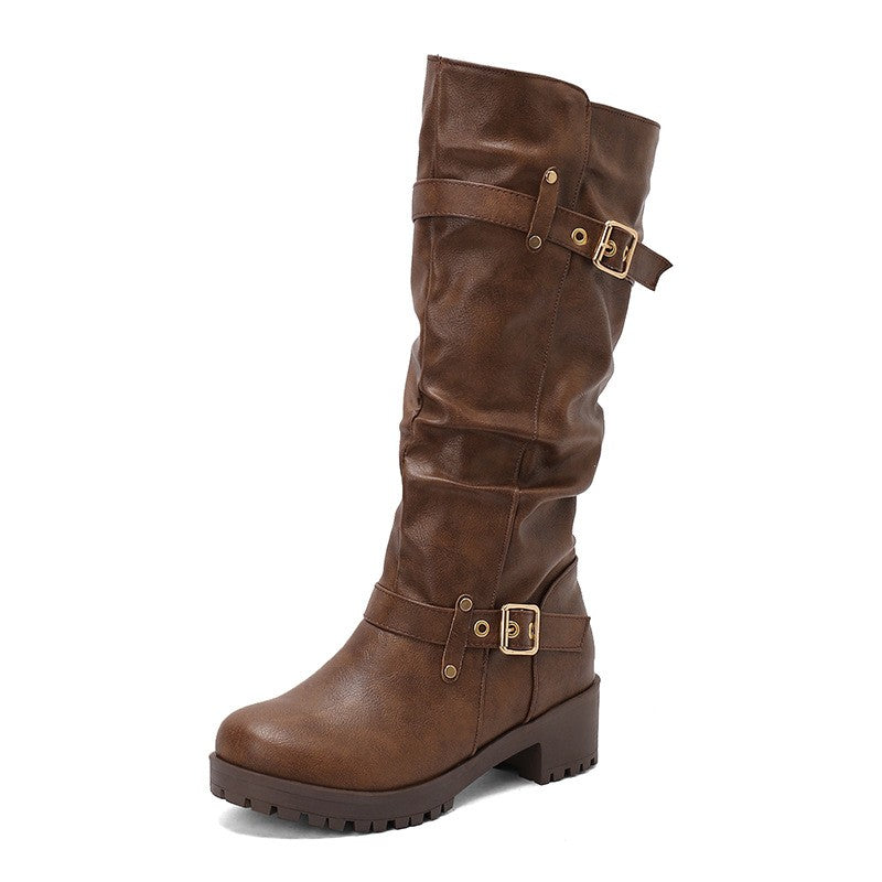 Distressed Faux Leather Buckle Moto Boots