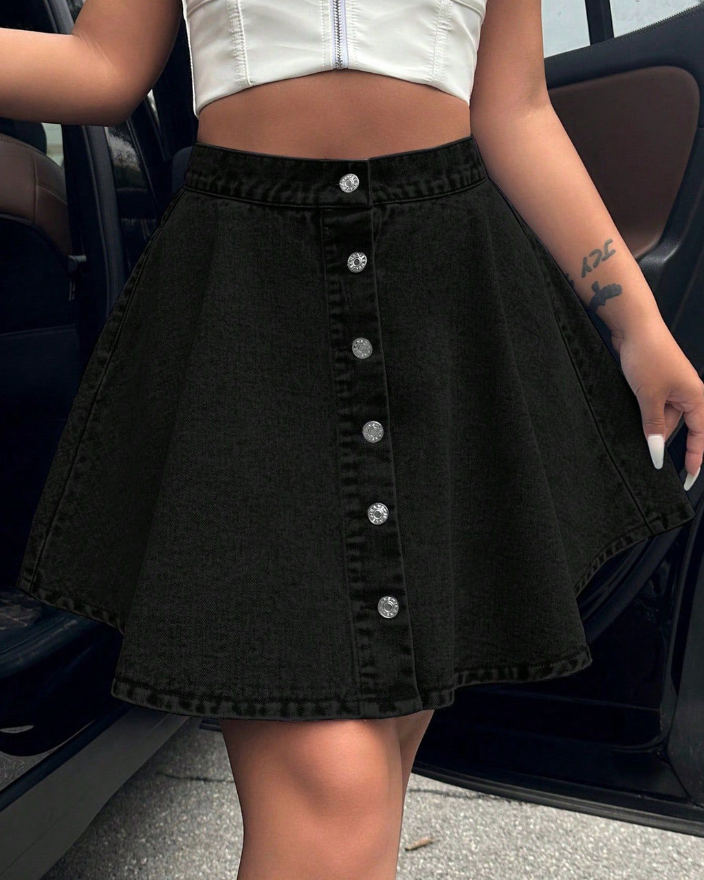 Button Front A Line Flared Denim Mini Skirt - Black
