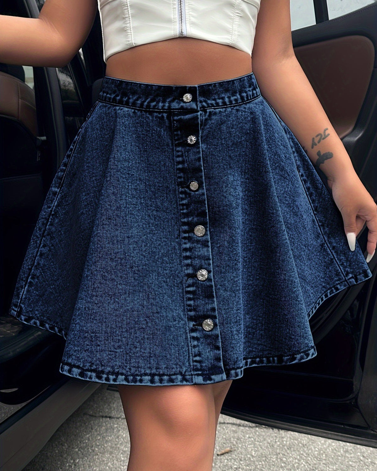 Button Front A Line Flared Denim Mini Skirt - Dark-Blue
