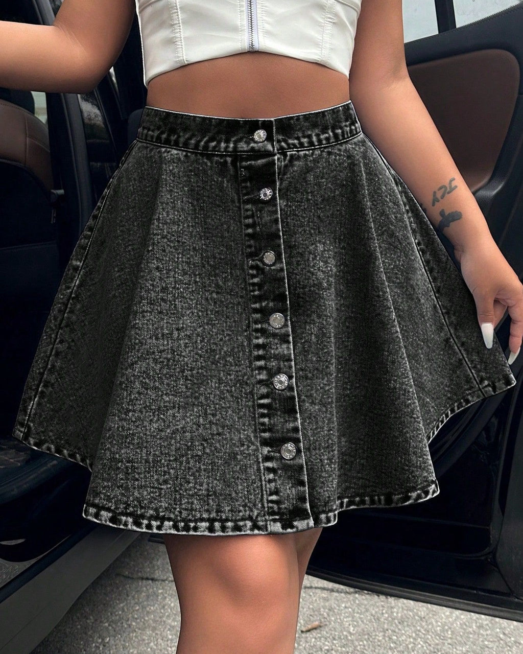 Button Front A Line Flared Denim Mini Skirt - Gray - 1