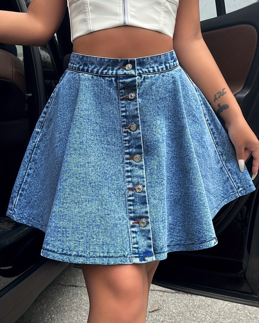 Button Front A Line Flared Denim Mini Skirt - Medium-Blue