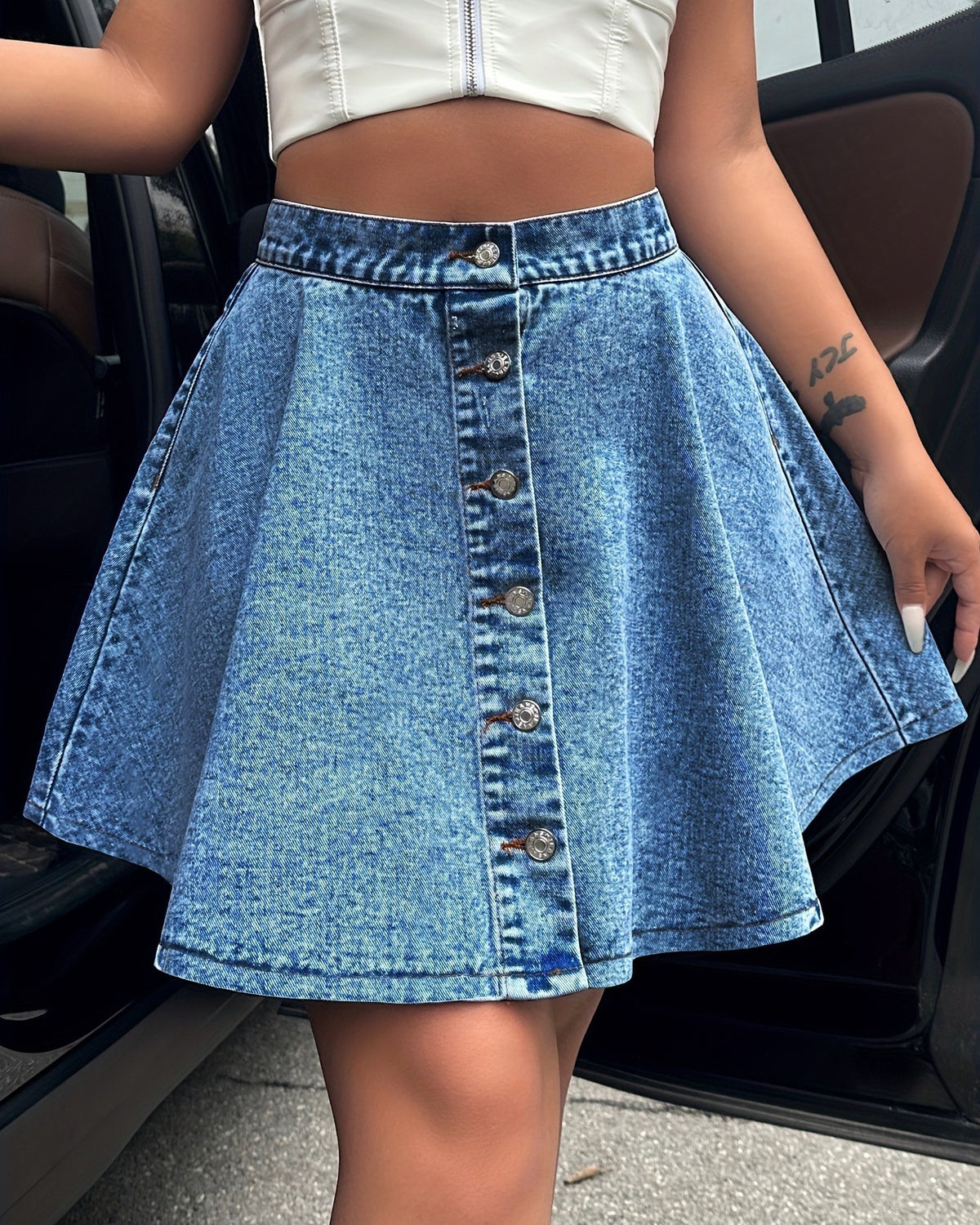 Button Front A Line Flared Denim Mini Skirt - Medium-Blue