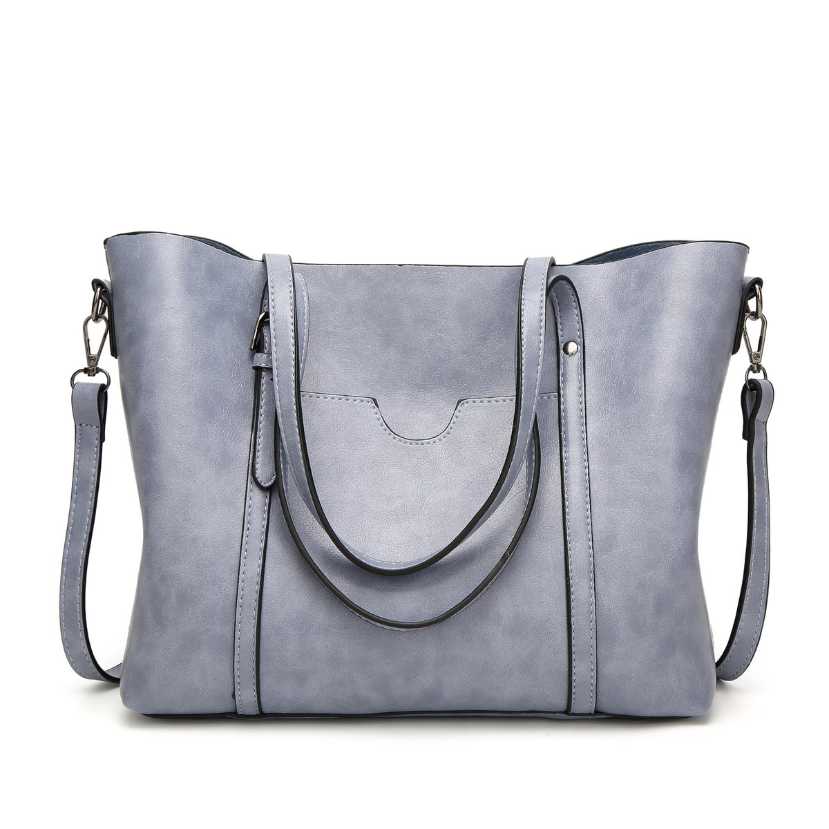Oversized Faux Leather Tote with Crossbody Strap - Dusty Blue