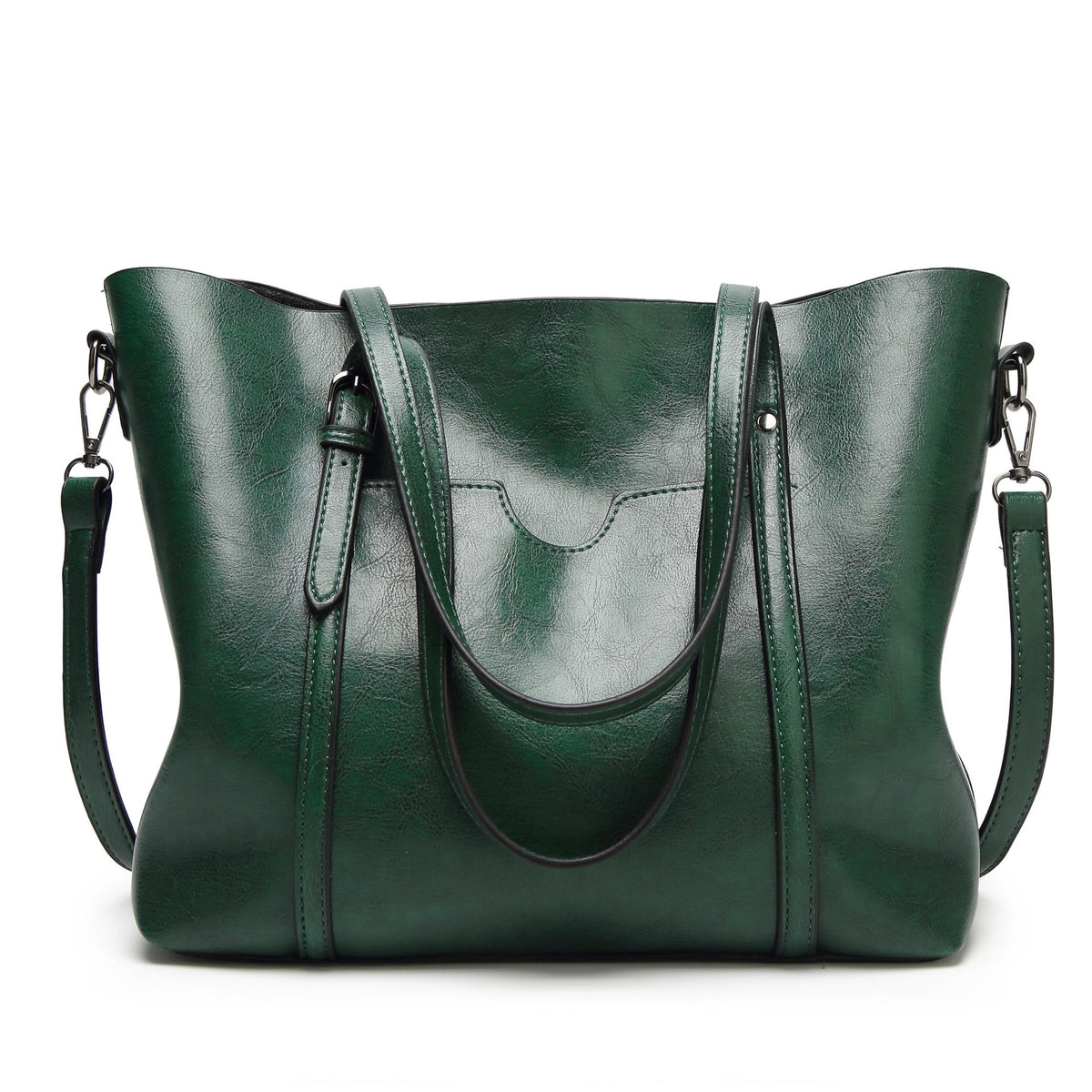 Oversized Faux Leather Tote with Crossbody Strap - Forest Green