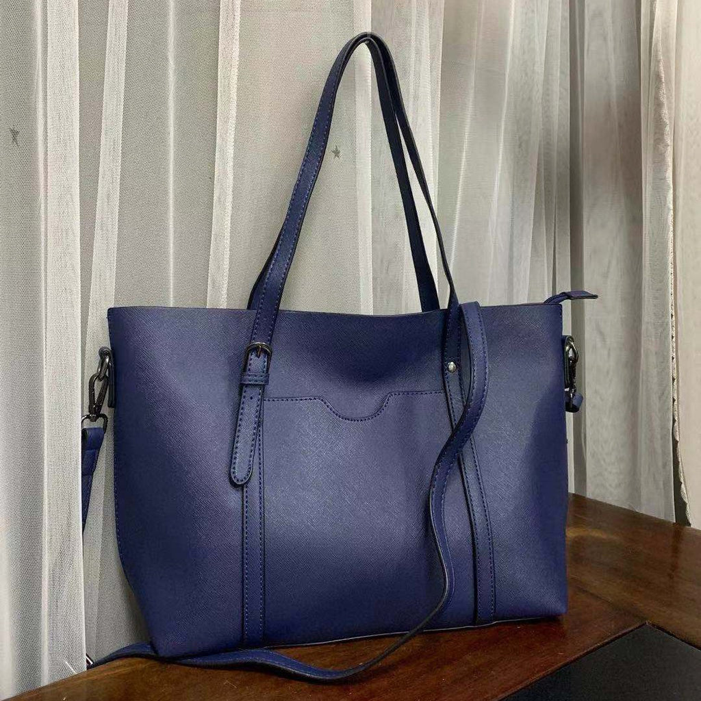 Oversized Faux Leather Tote with Crossbody Strap - Textured Navy