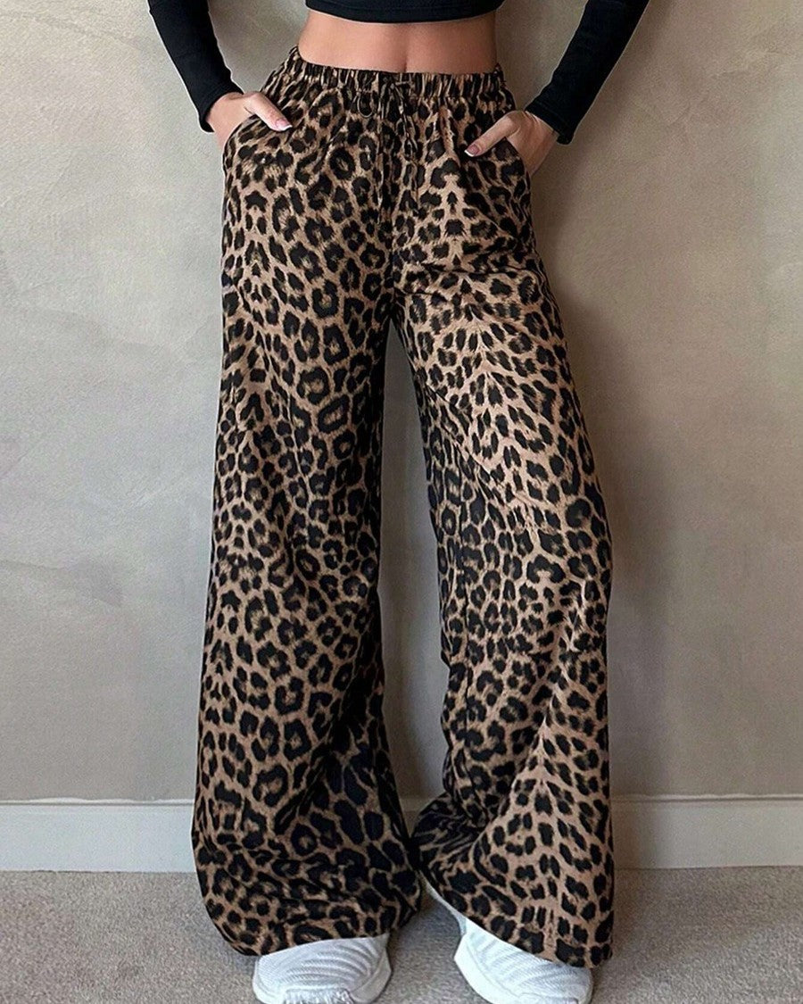 Leopard Print High Waist Wide Leg Pants - Apricot - 1
