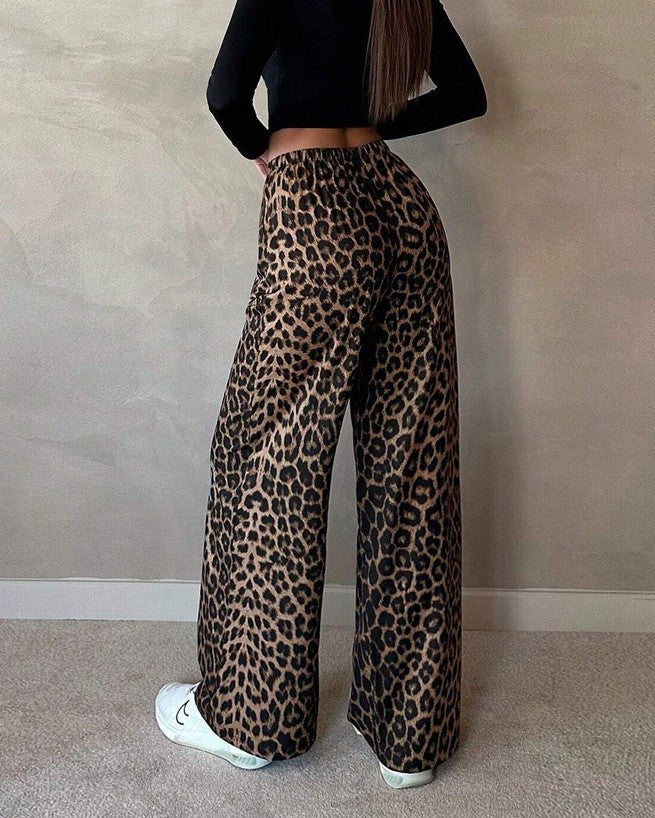 Leopard Print High Waist Wide Leg Pants - Apricot - 2
