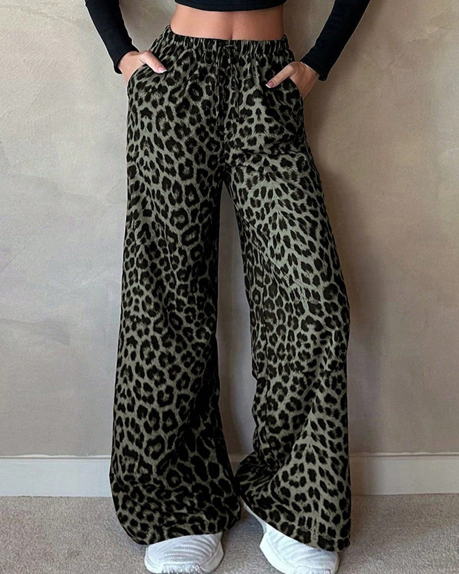 Leopard Print High Waist Wide Leg Pants - Green