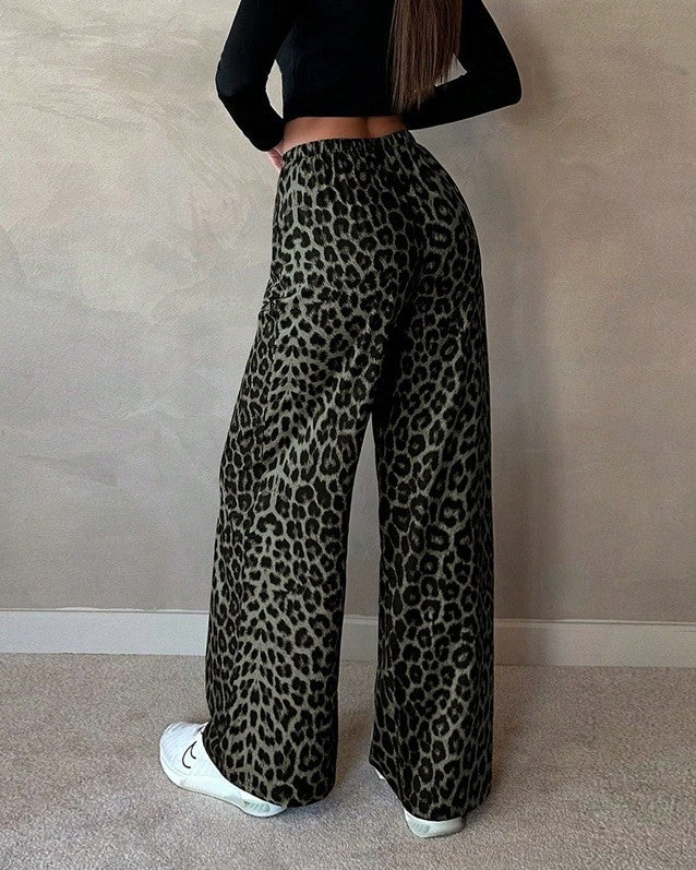 Leopard Print High Waist Wide Leg Pants - Green - 1