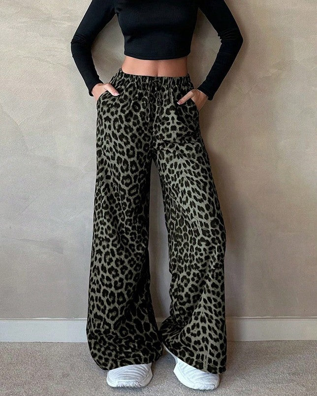 Leopard Print High Waist Wide Leg Pants - Green - 2