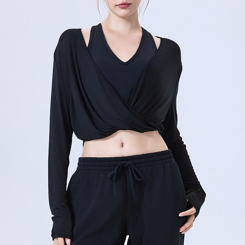 Cropped Twist Front Wrap Long Sleeve Yoga Top - Black