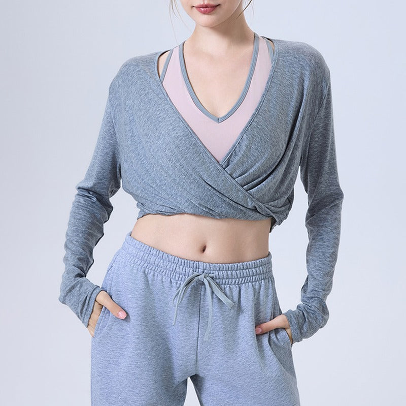 Cropped Twist Front Wrap Long Sleeve Yoga Top - Heather Gray