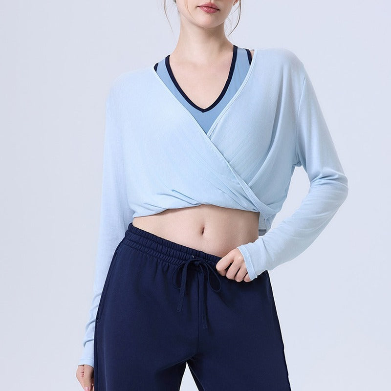 Cropped Twist Front Wrap Long Sleeve Yoga Top - Light Blue