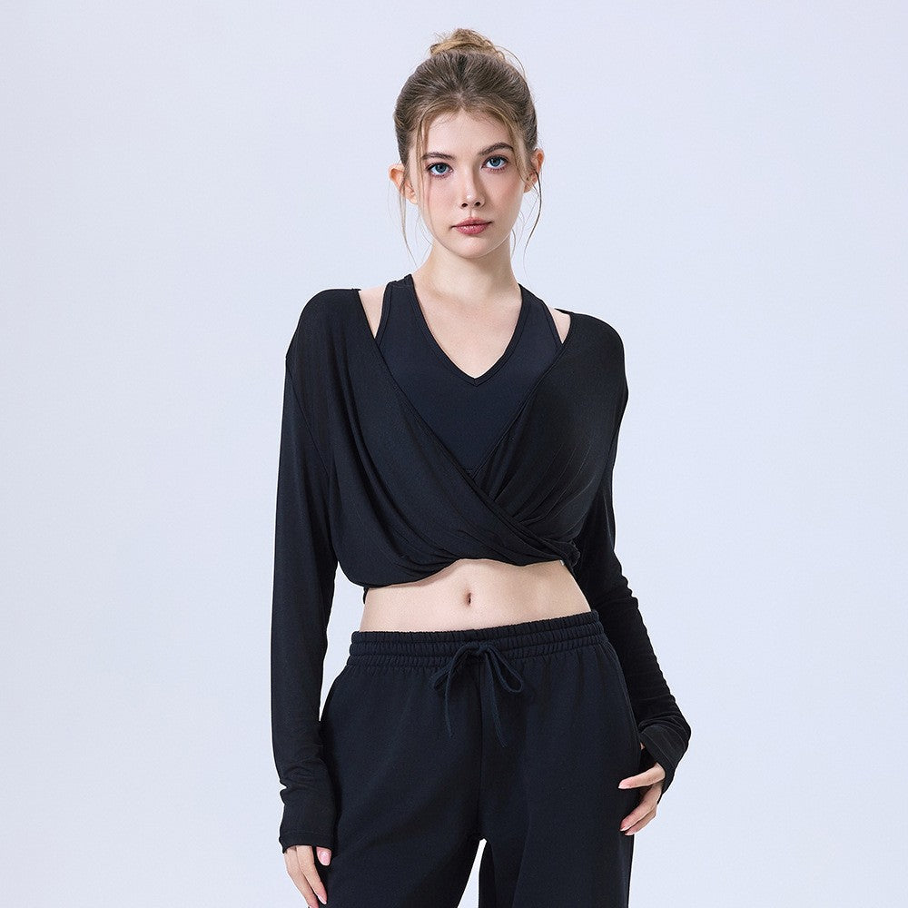 Cropped Twist Front Wrap Long Sleeve Yoga Top
