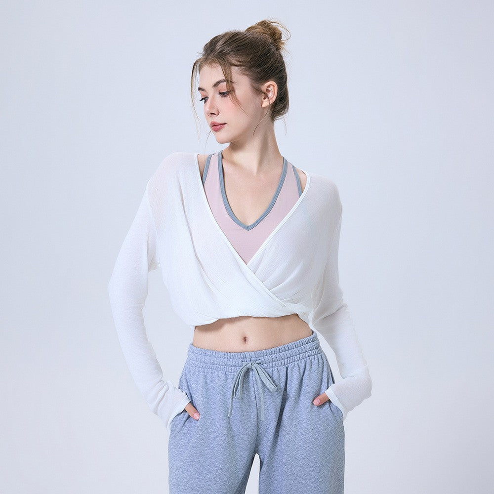 Cropped Twist Front Wrap Long Sleeve Yoga Top