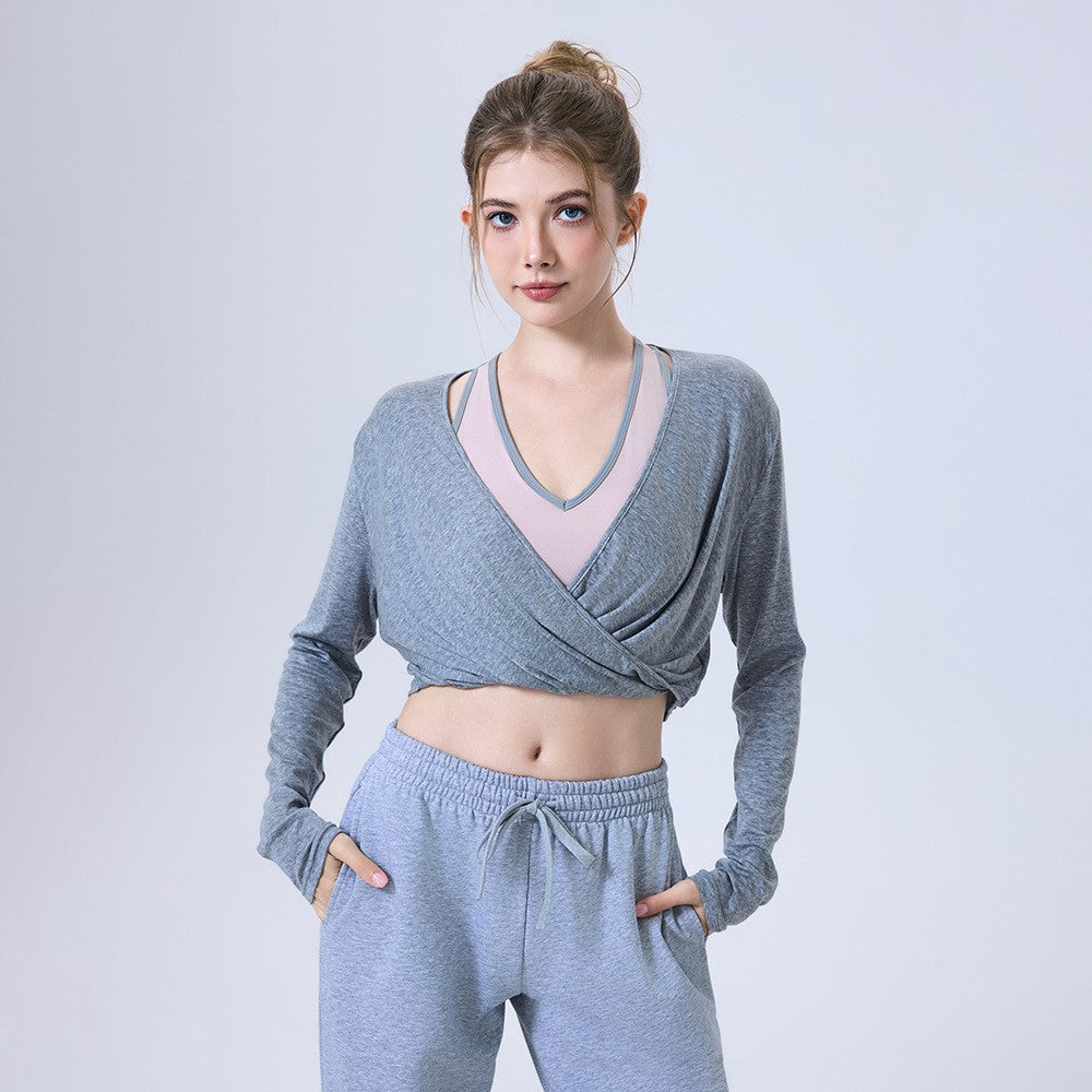 Cropped Twist Front Wrap Long Sleeve Yoga Top