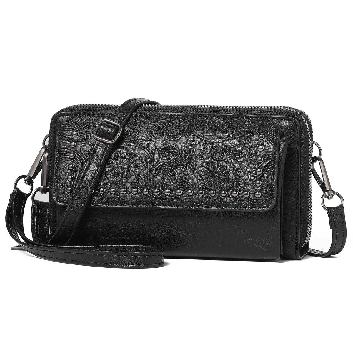 Western Embossed Studded Crossbody Wallet Bag - Black