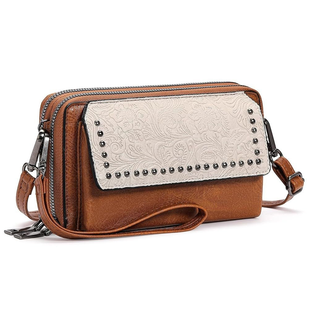 Western Embossed Studded Crossbody Wallet Bag - Ivory Brown