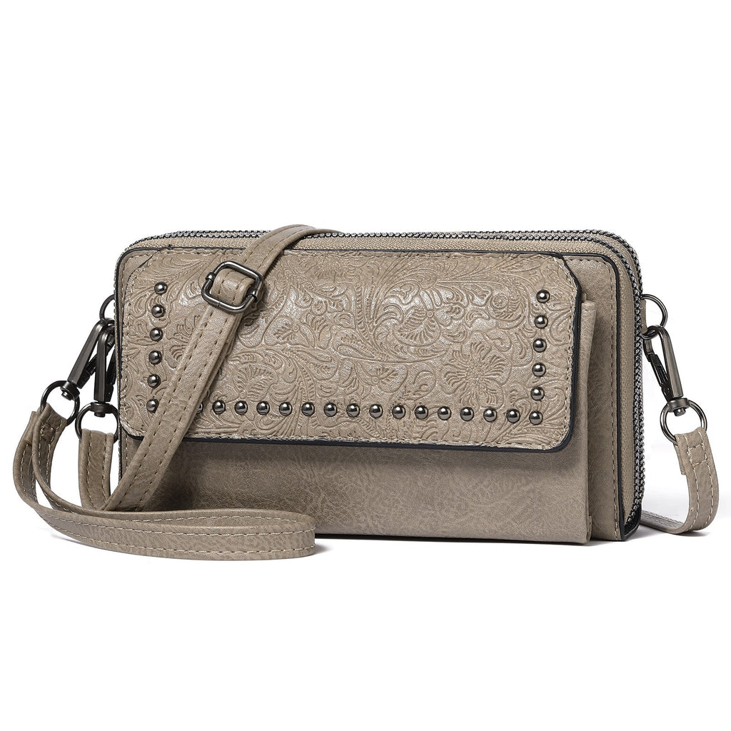 Western Embossed Studded Crossbody Wallet Bag - Khaki