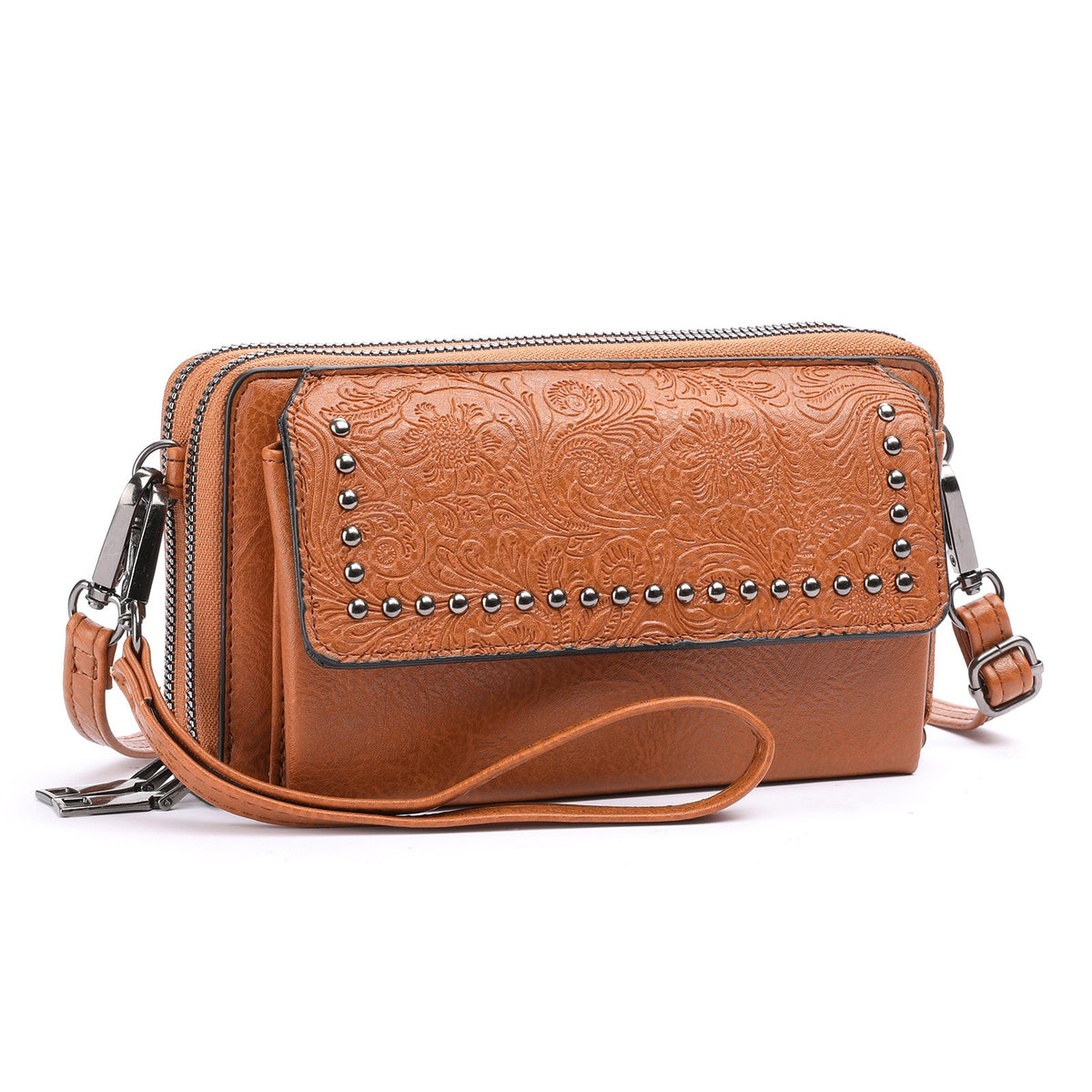 Western Embossed Studded Crossbody Wallet Bag