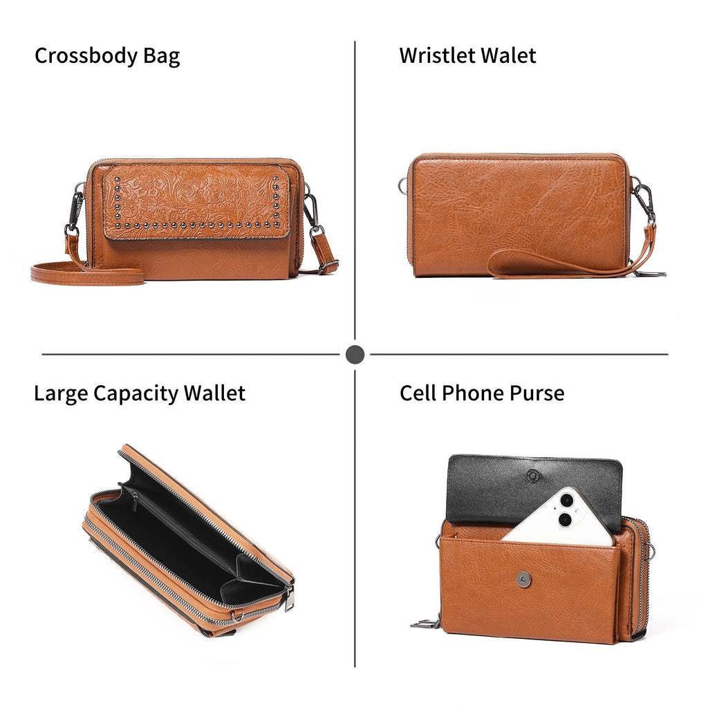 Western Embossed Studded Crossbody Wallet Bag