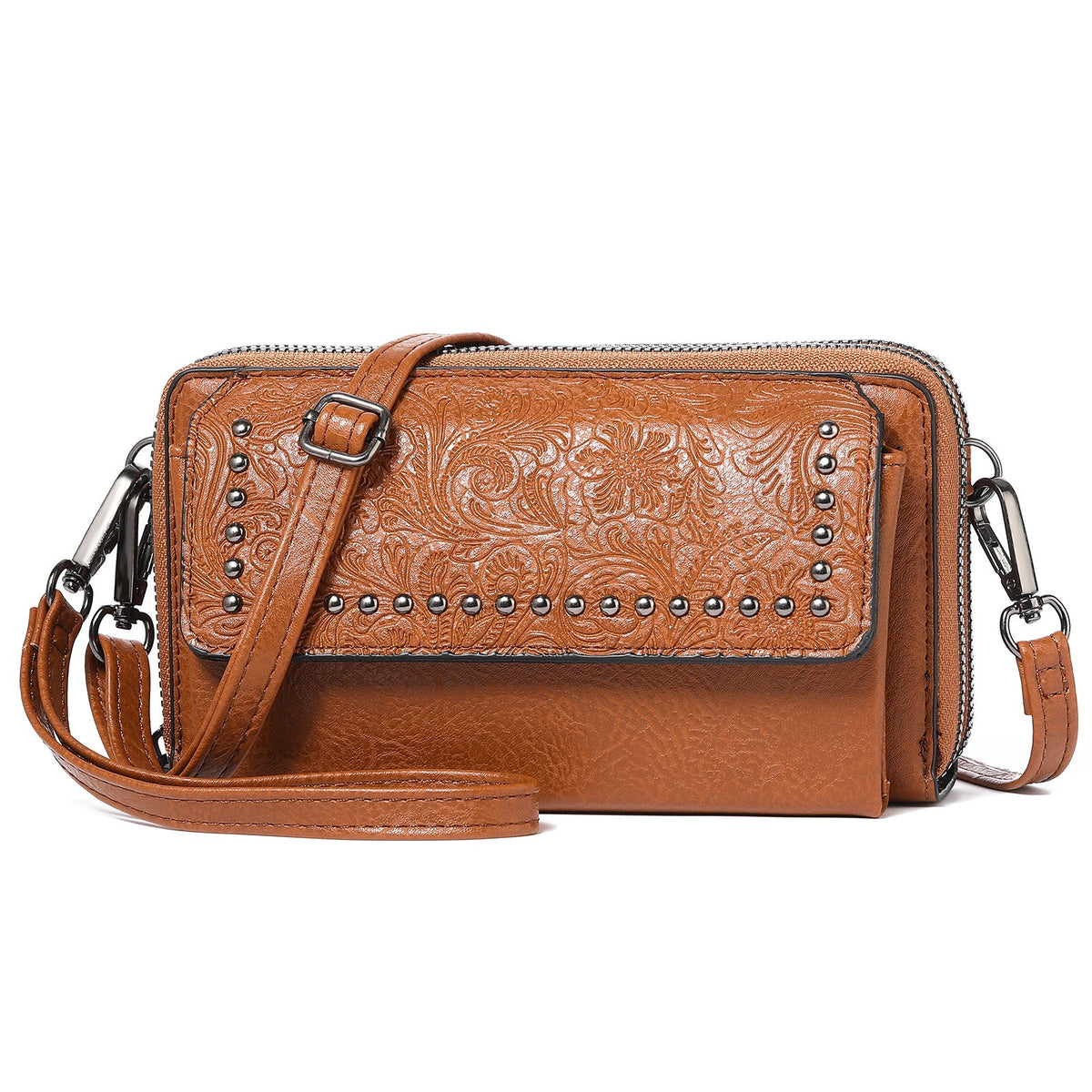 Western Embossed Studded Crossbody Wallet Bag