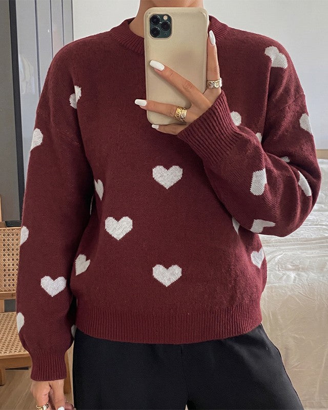 Scattered Heart Motif Knit Pullover Sweater - Red