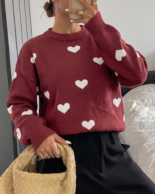 Scattered Heart Motif Knit Pullover Sweater - Red - 1