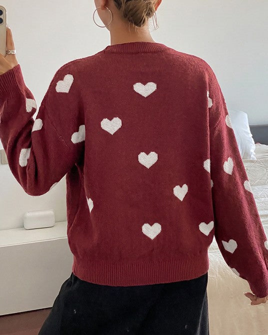 Scattered Heart Motif Knit Pullover Sweater - Red - 2