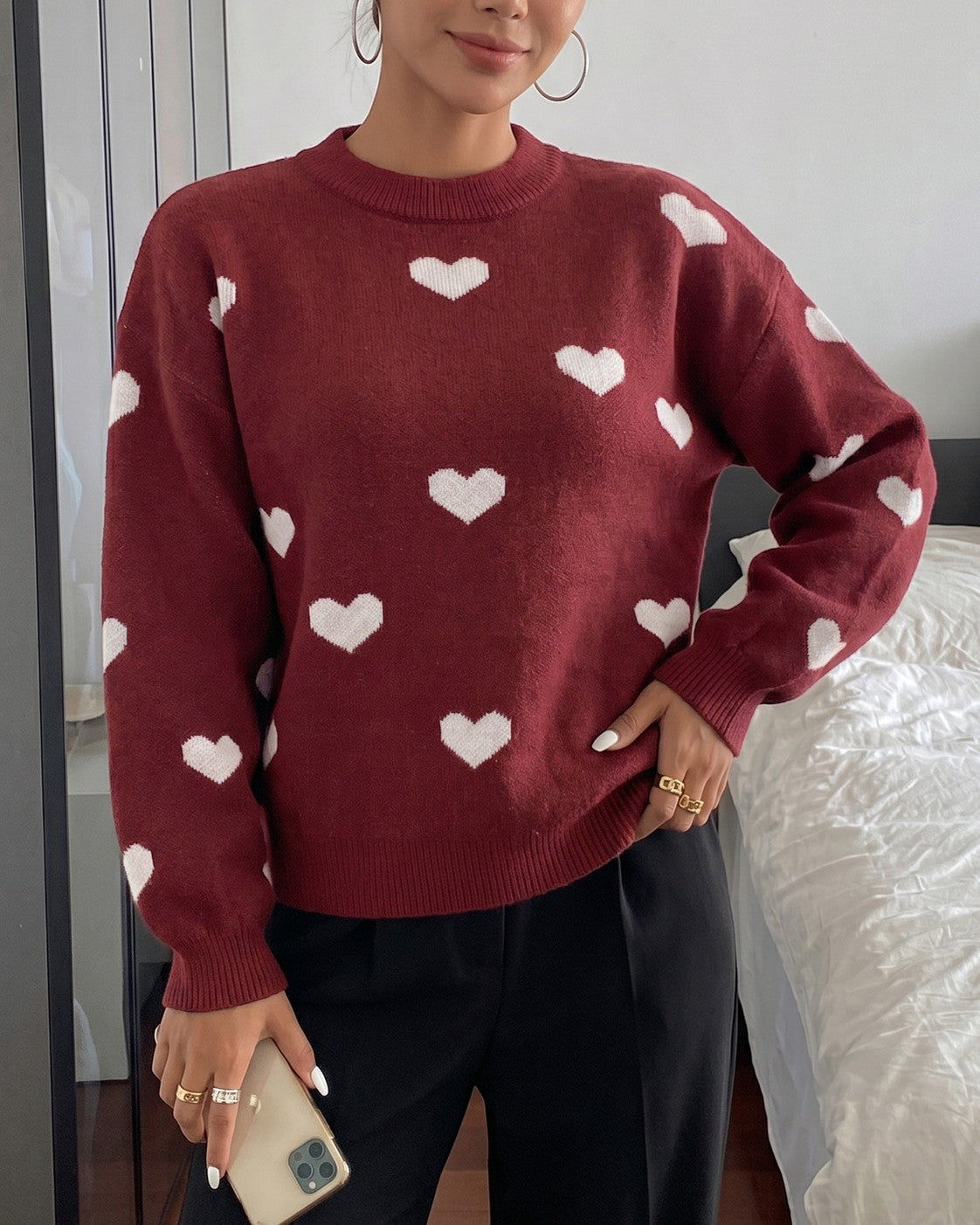 Scattered Heart Motif Knit Pullover Sweater - Red - 3