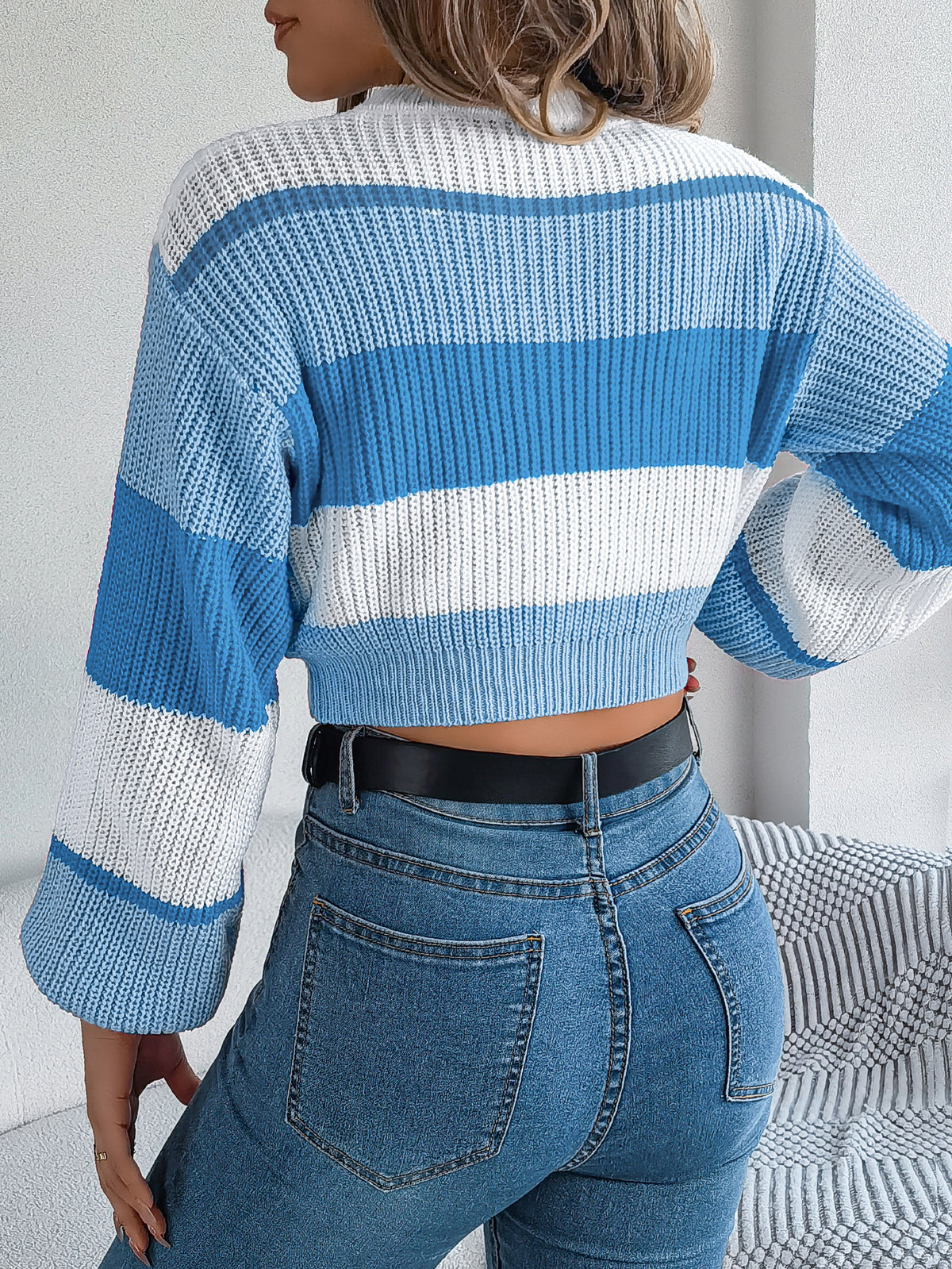 Wide Stripe Ribbed Cropped Knit Sweater - Blue - 1