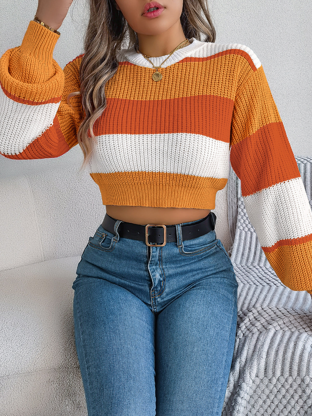 Wide Stripe Ribbed Cropped Knit Sweater - Orange - 1