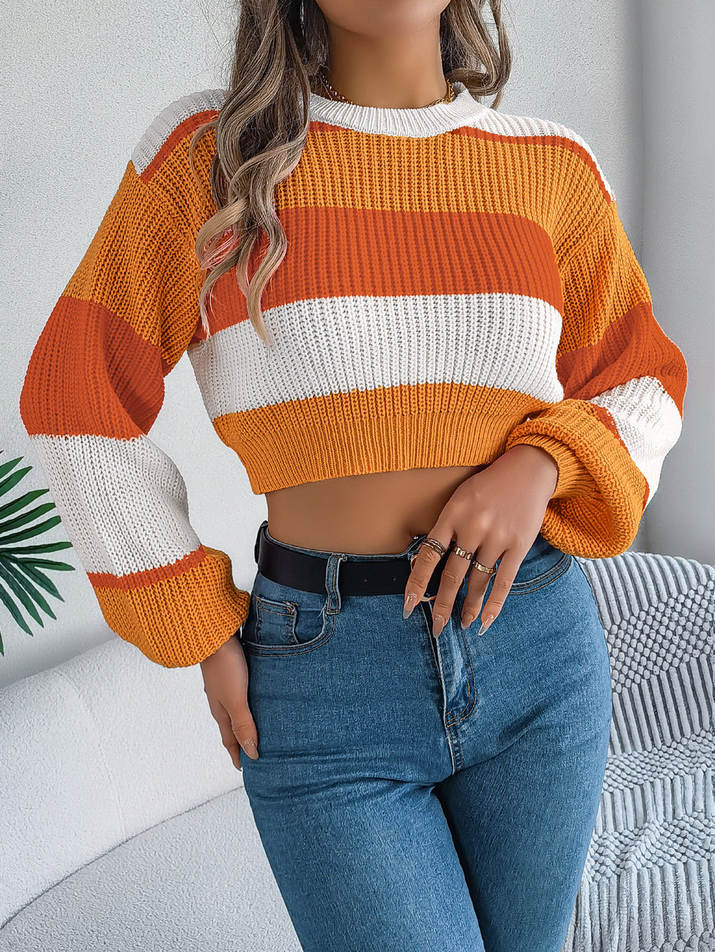 Wide Stripe Ribbed Cropped Knit Sweater - Orange - 2