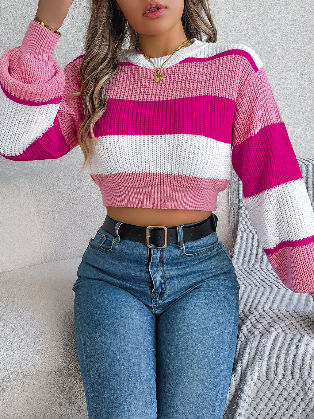 Wide Stripe Ribbed Cropped Knit Sweater - Pink - 1