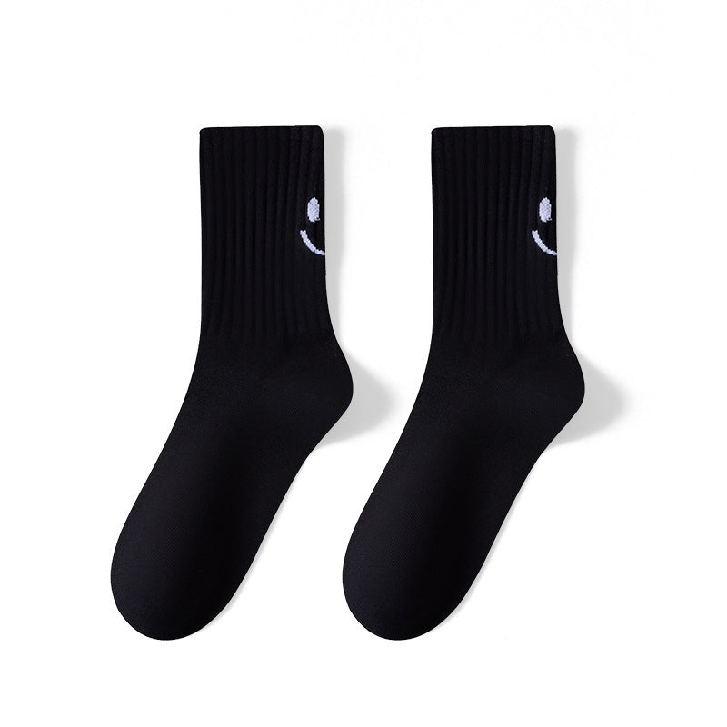 Smiley Face Ribbed Crew Socks - Black