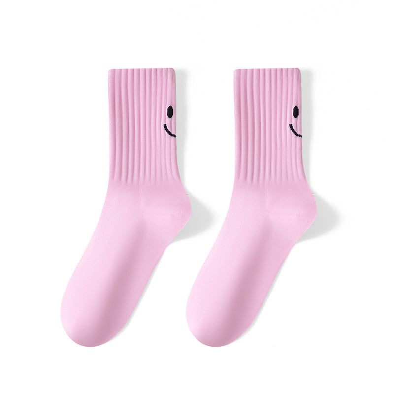 Smiley Face Ribbed Crew Socks - Pink