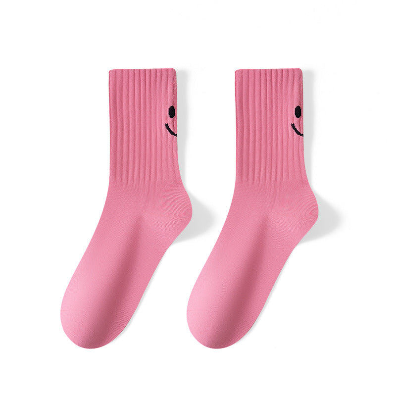 Smiley Face Ribbed Crew Socks - RoseRed