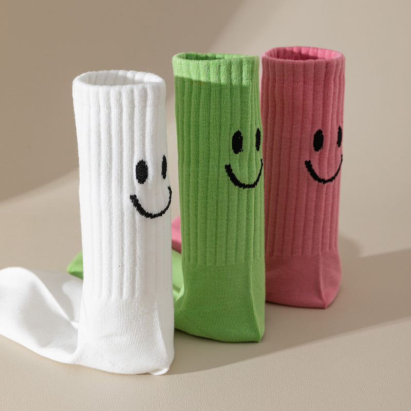 Smiley Face Ribbed Crew Socks