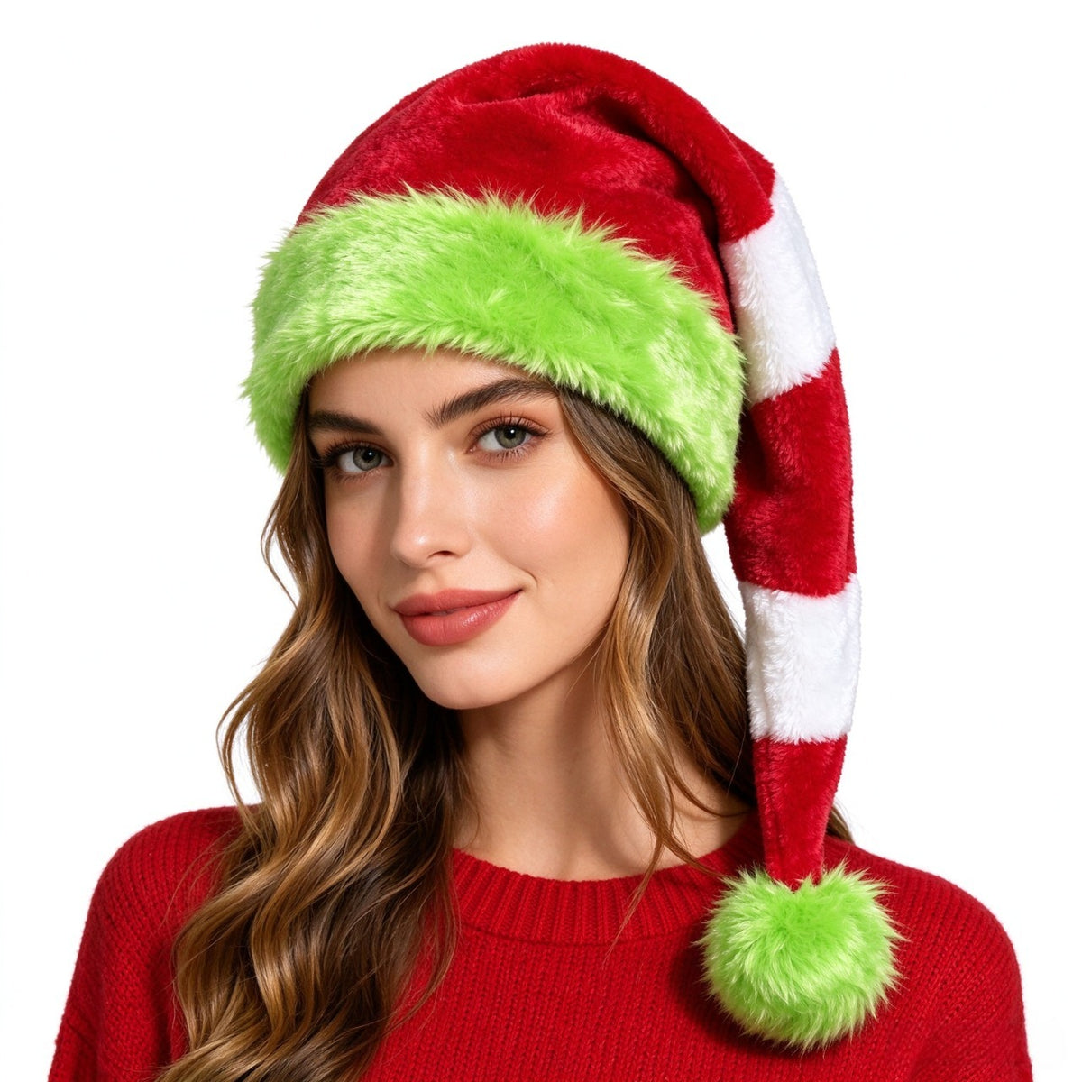 Fuzzy Trim Santa Beanie with Pom Pom Tail - GRed