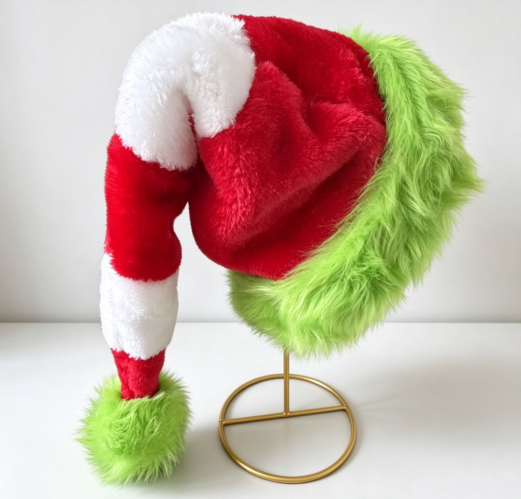 Fuzzy Trim Santa Beanie with Pom Pom Tail - GRed - 2