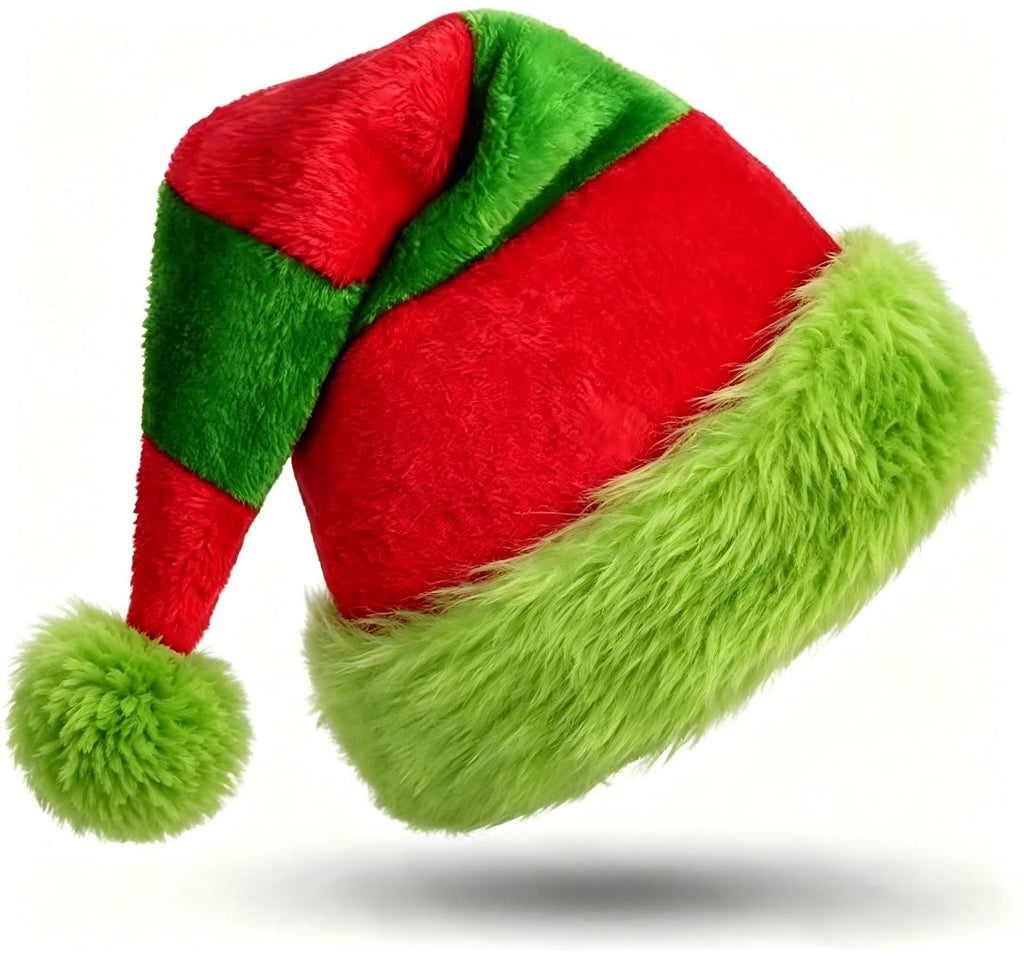 Fuzzy Trim Santa Beanie with Pom Pom Tail - RedGreen