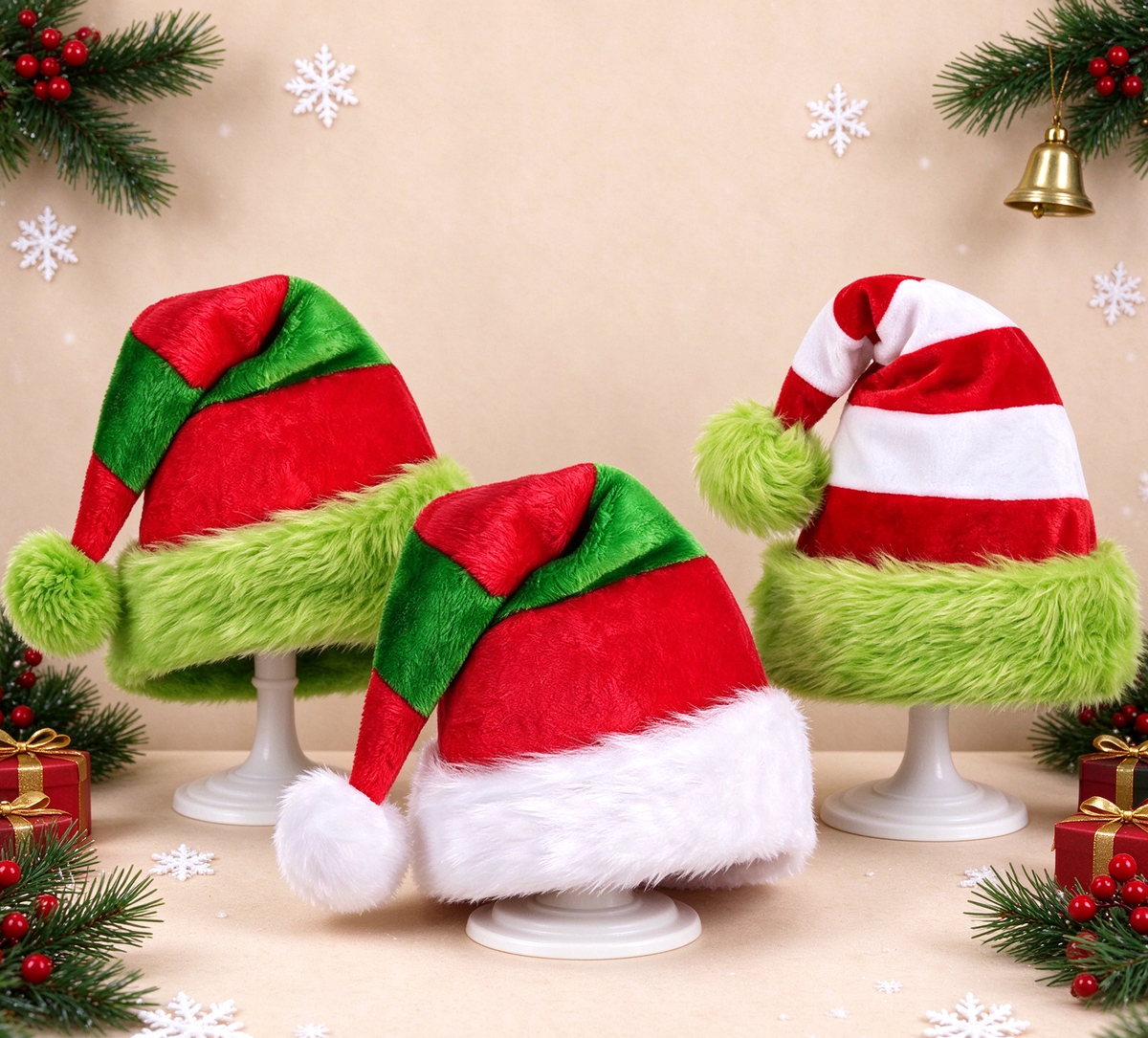 Fuzzy Trim Santa Beanie with Pom Pom Tail