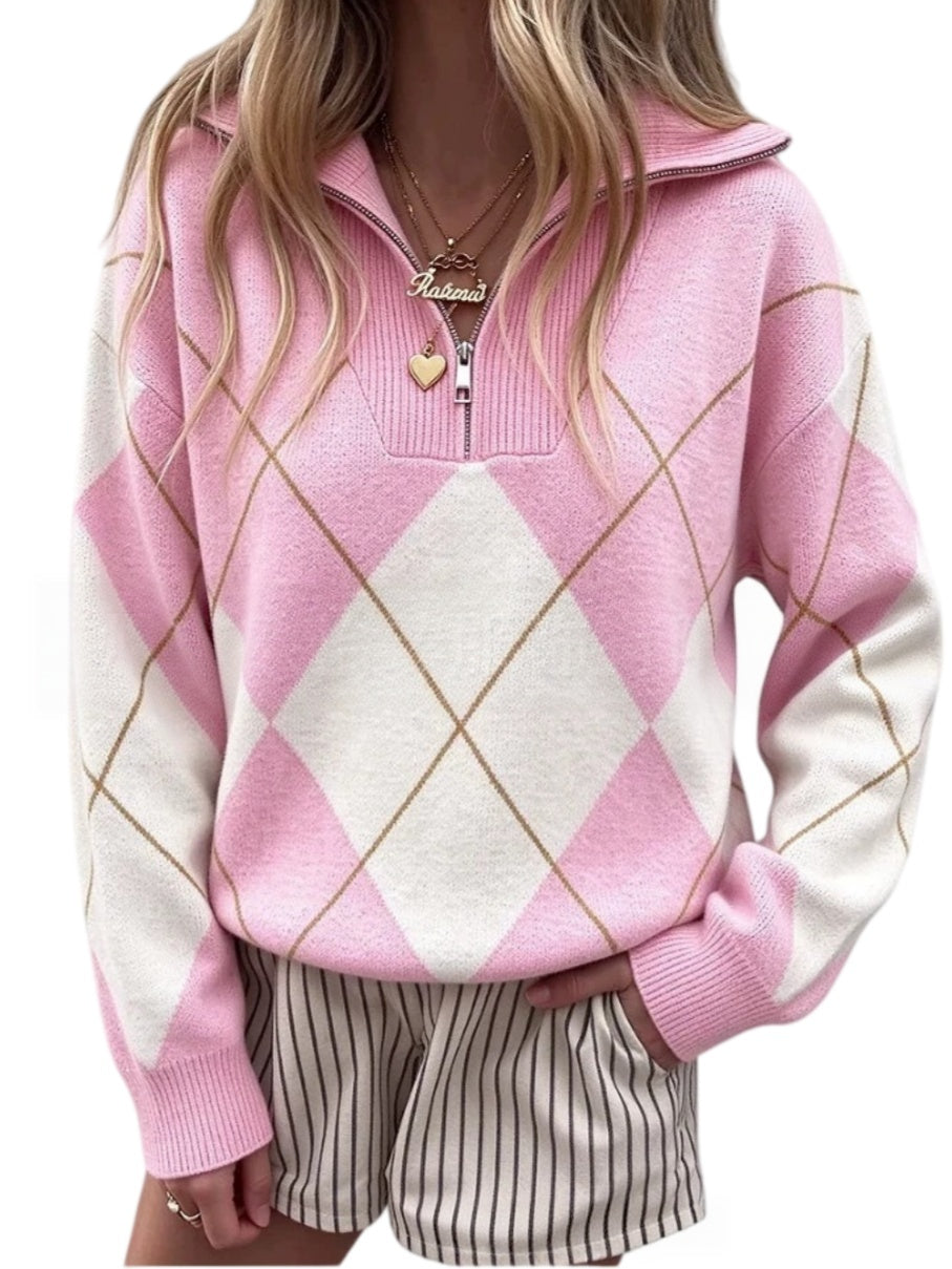 Argyle Half Zip Collared Relaxed Fit Knit Sweater - Pink