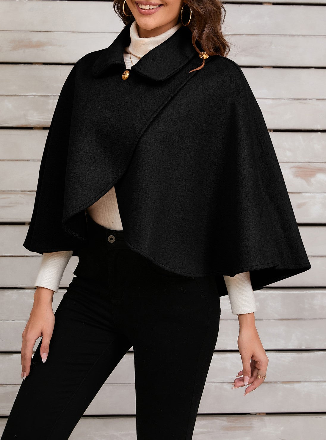 Wrap Front Cropped Collared Capelet - Black - 1