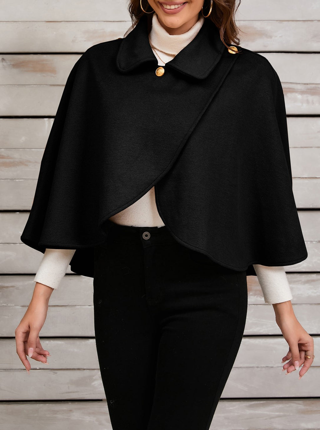 Wrap Front Cropped Collared Capelet - Black - 2