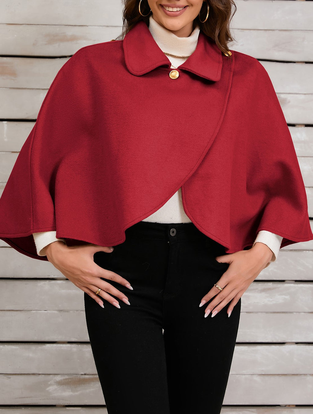 Wrap Front Cropped Collared Capelet - Red - 5
