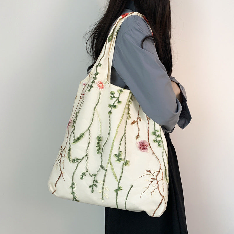 Embroidered Canvas Slouchy Shoulder Bag